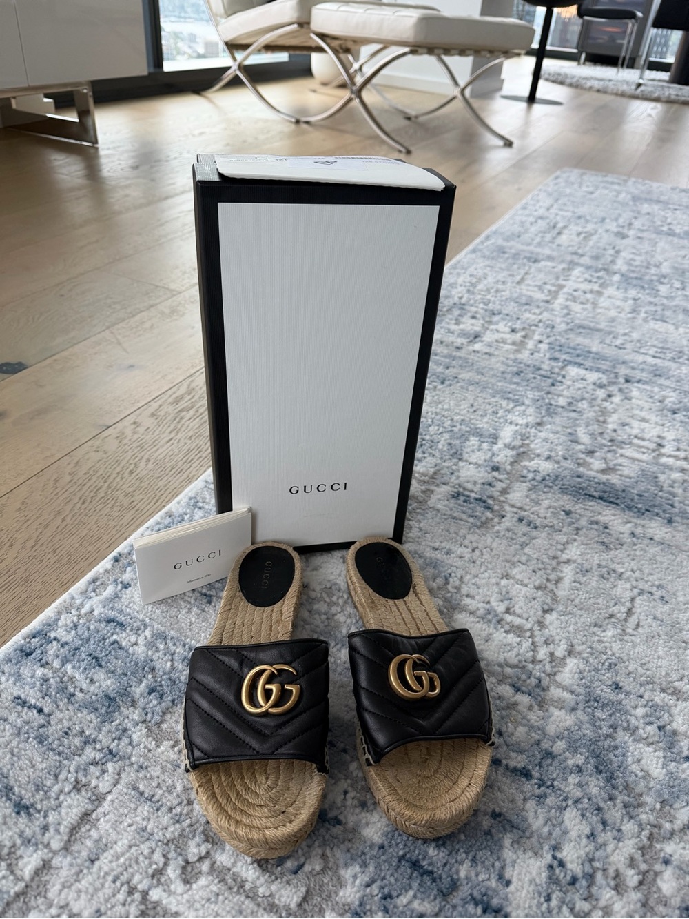 Gucci Black Quilted Leather GG Espadrille Slides with Gold Hardware